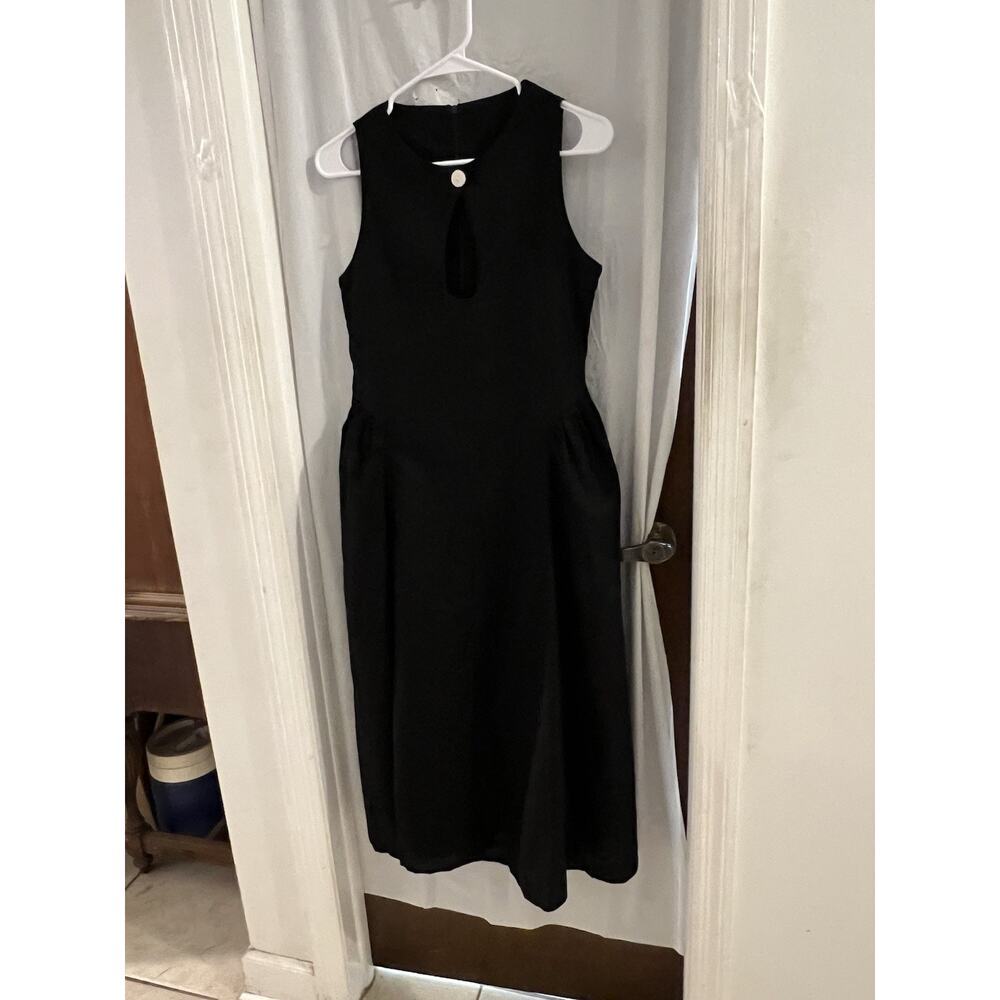 Black Linen Blend Fit And Flare Midi Dress Sz L Side Pleats Goth Retro Cottage - Picture 1 of 8